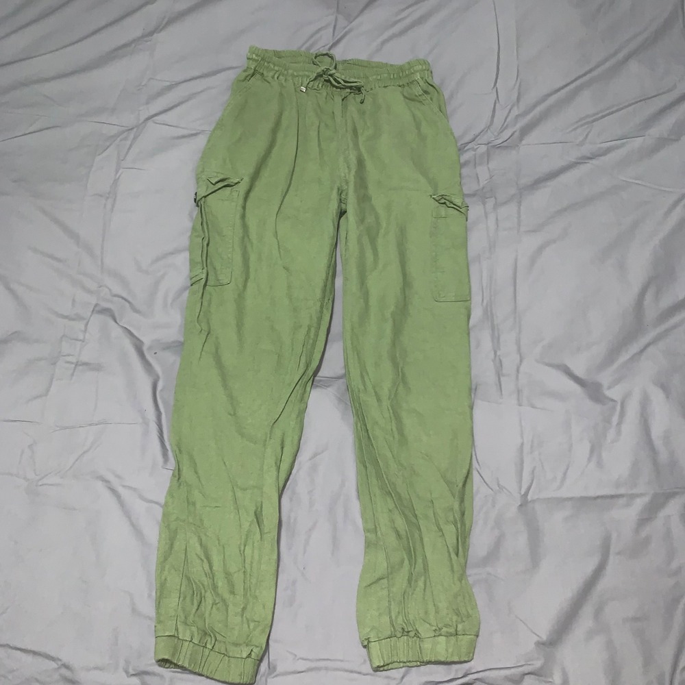Love Tree Sage Green Linen Blend Cargo Joggers Pants Small Utility Drawstring